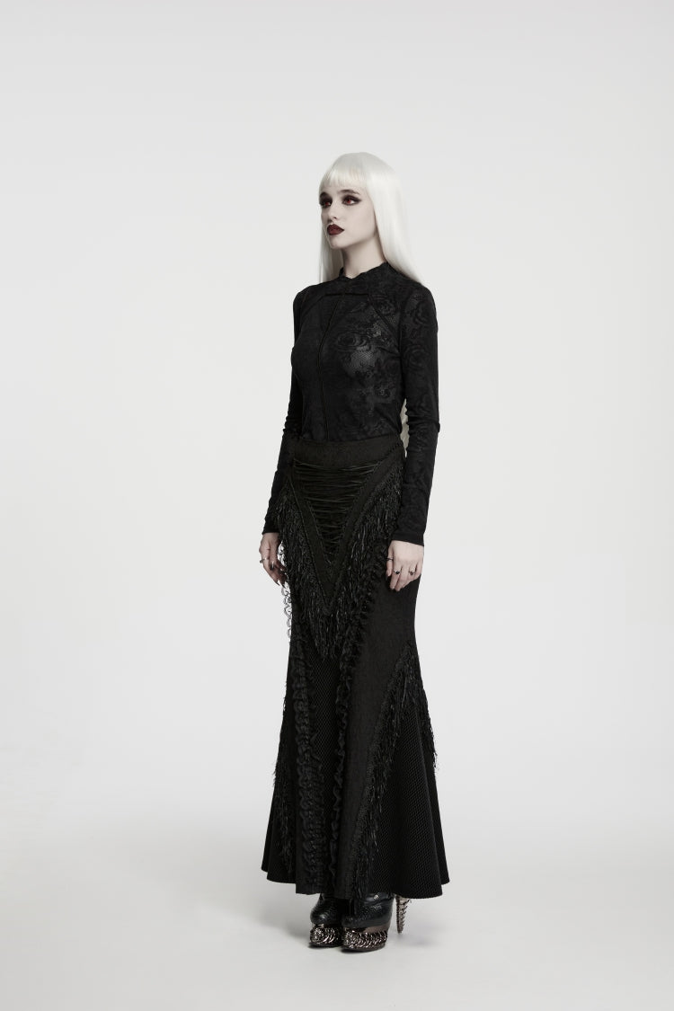 Gothic Top for Her with High Collar and Rose Jacquard Lace, Slim Fit