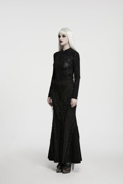 Gothic Top for Her with High Collar and Rose Jacquard Lace, Slim Fit