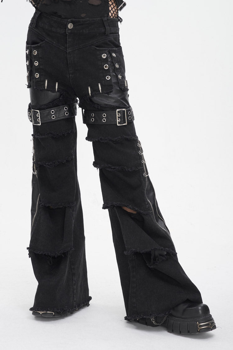 Men's Punk Flared Pants in Spliced Black Faux Leather