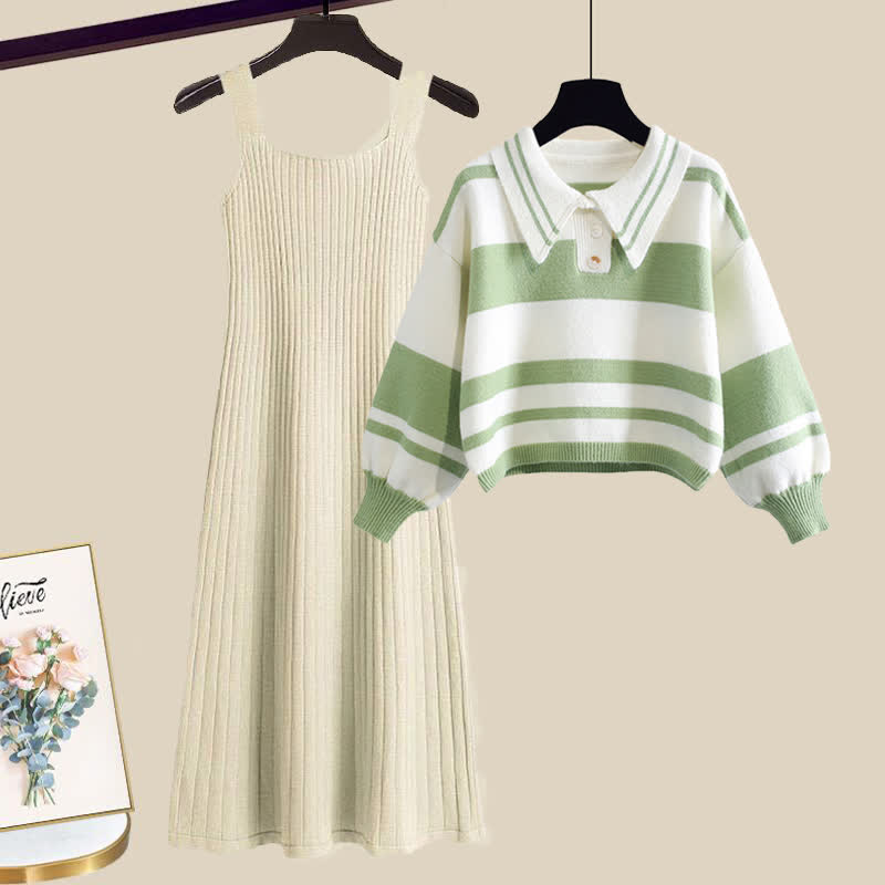 Stripe Green Colorblock Sweater Slip Dres Set