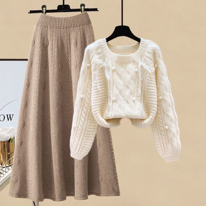 Set Skirt Cable Sweater Pills Decor Knit