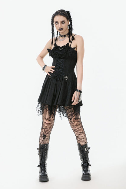 Pleated Dark Demon Slip Dress with Corset Lacing - NoirEdge