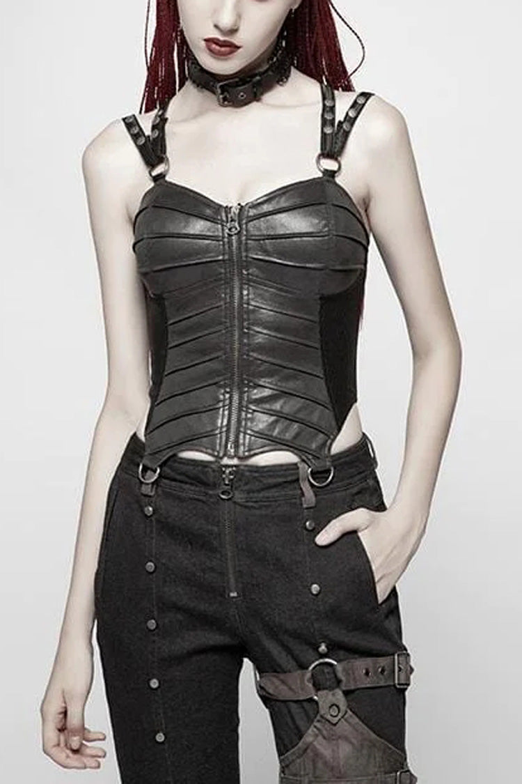 Steampunk Women's Short Corset with Faux Leather Strap Back Print and Lace-Up