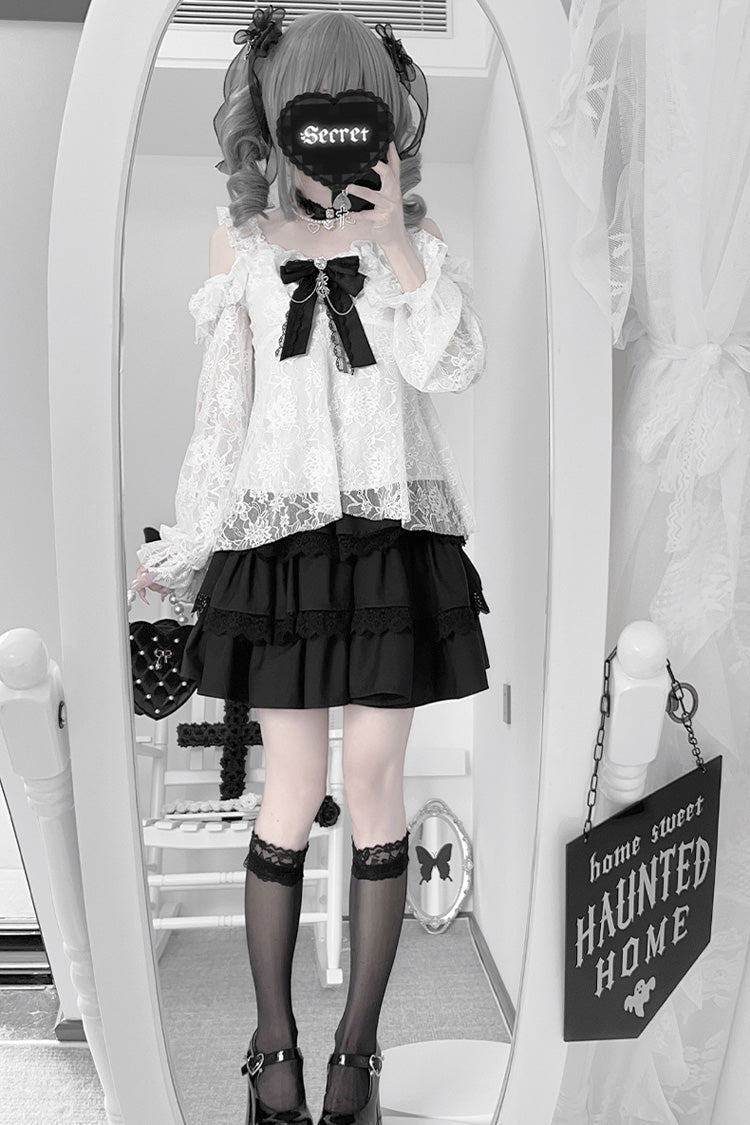 Black Triple-Layer Ruffle Lace Japanese Skirt