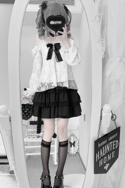 Black Triple-Layer Ruffle Lace Japanese Skirt