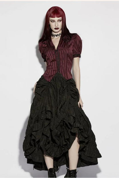 Crimson V-Neck Short Puff Sleeve Lace-Up Striped Goth Top