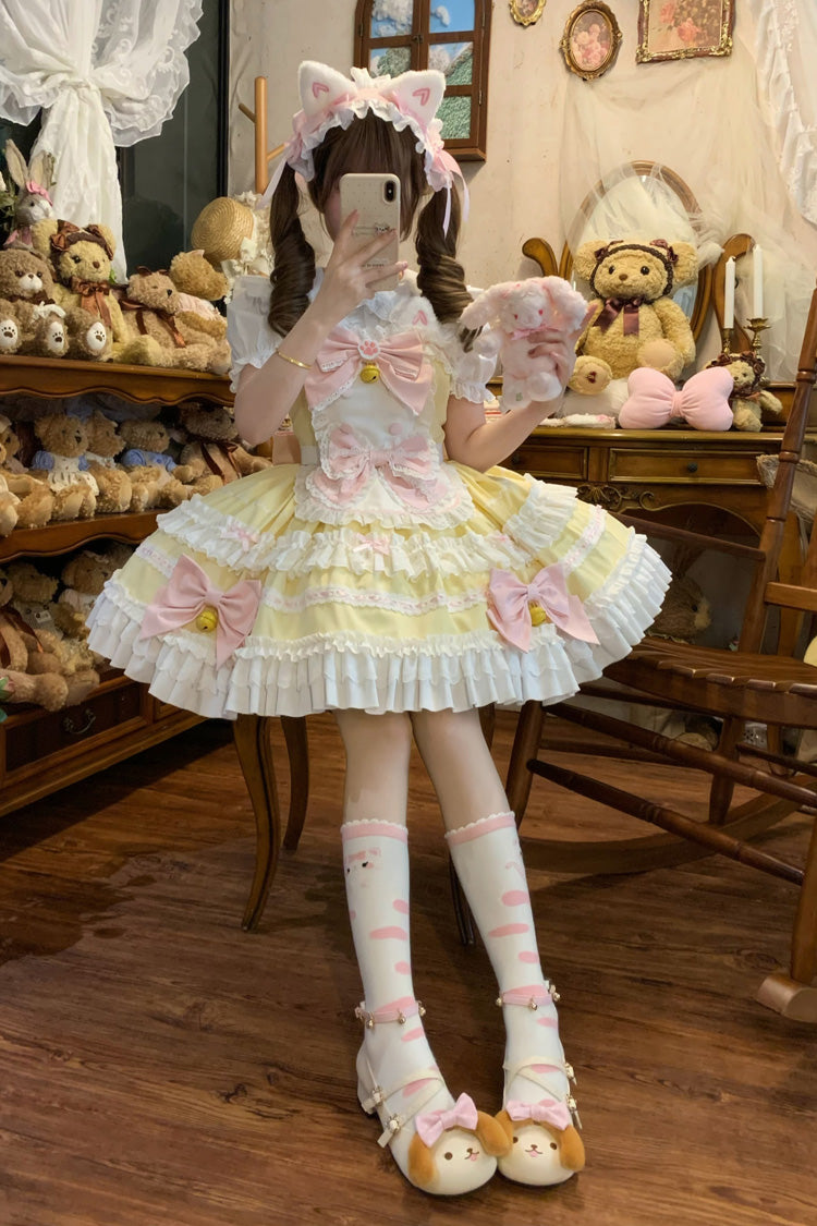 Meowling Sweet Maid Sleeveless Multi Layer Ruffle Bow Lace Princess Lolita JSK in Yellow