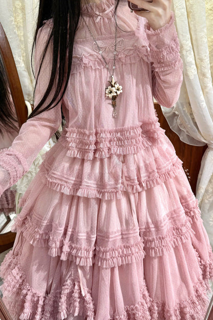 Sweet Stand Collar Long Sleeve Multi Layer Ruffle Color Block Lolita Tiered Dress 14 Colors