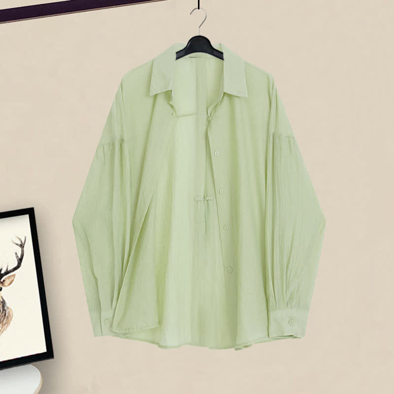 Spring Lapel Print Dress Slip Shirt Loose Green Vintage