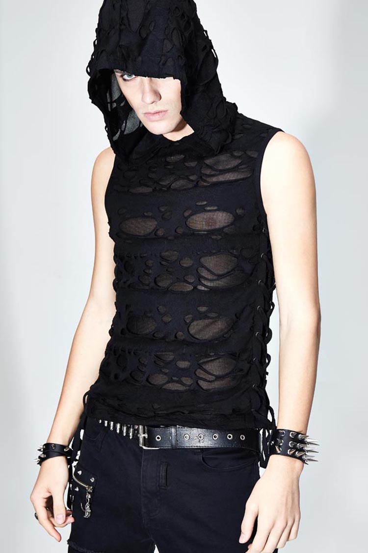 Edgy No-Sleeve Punk Tee with Distressed Ribbon Lacing