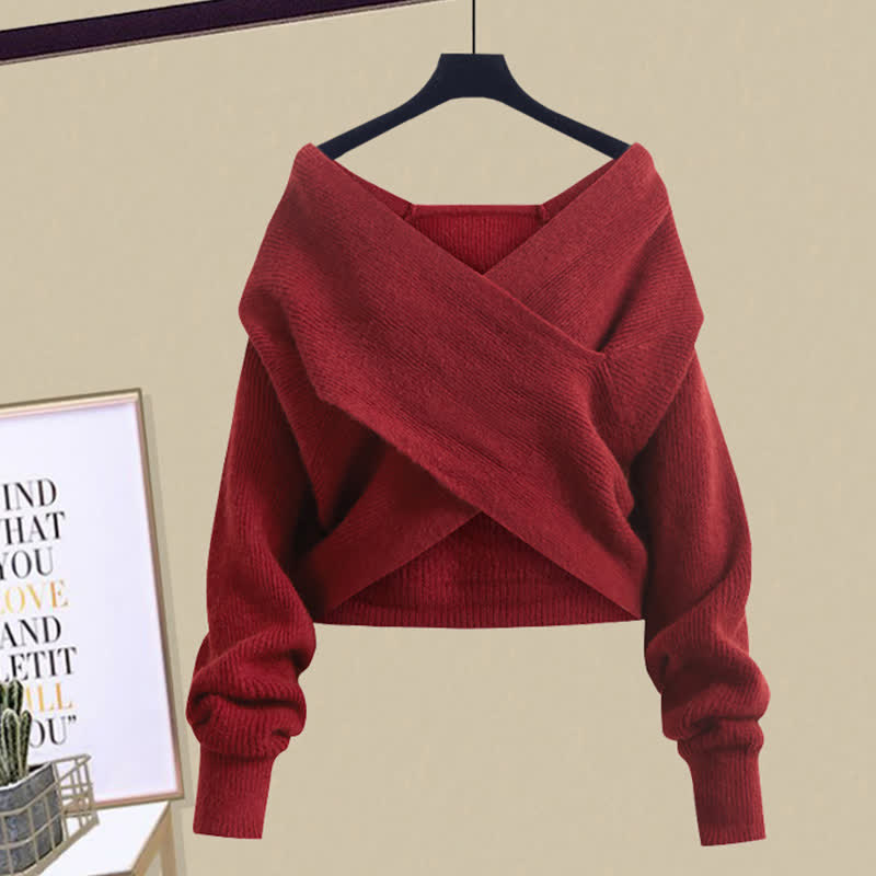 Two Pieces A-line Flouncing Knit Slip Dress Cross Sweater