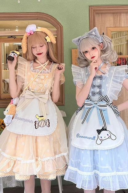 Light Blue Short Sleeves Dog Print Ruffle Bow Sweet Lolita Dress