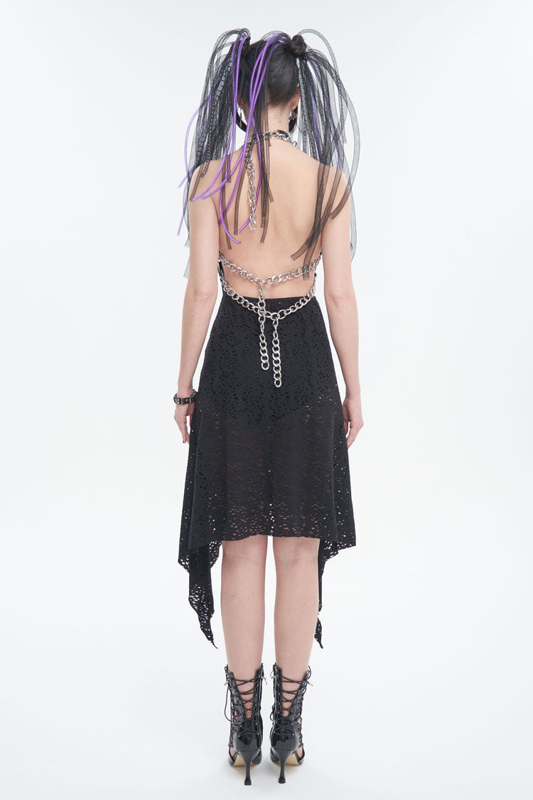 Wool Patterned Metal Chain Halter Backless Black Punk Dress