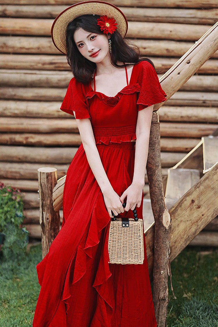 Red Square Collar Halter Short Sleeves High Waist Ruffle Gothic Vintage Lolita Long Skirt Set