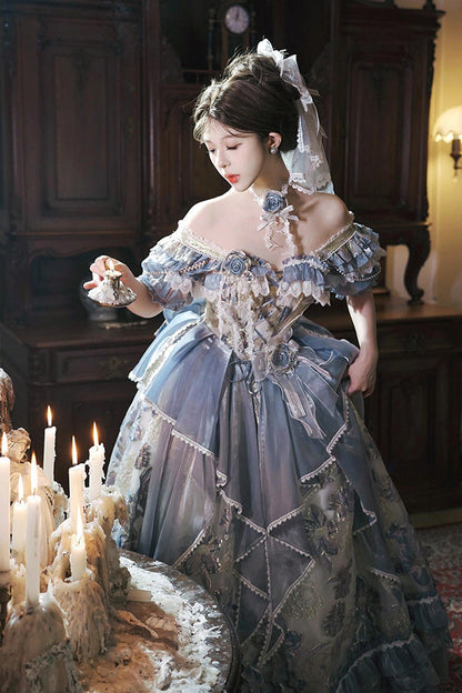 Off Shoulder Short Sleeve Printed Ruffled Embroidered Bow Lace-Up Sweet Princess Lolita Dress