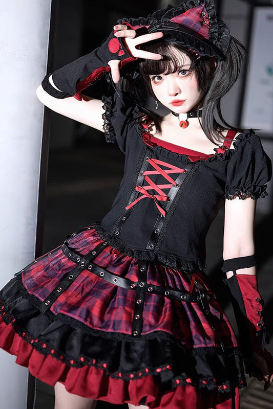 Black Red Print Ruffle Lace-Up Gothic Japanese Princess Skirt Set