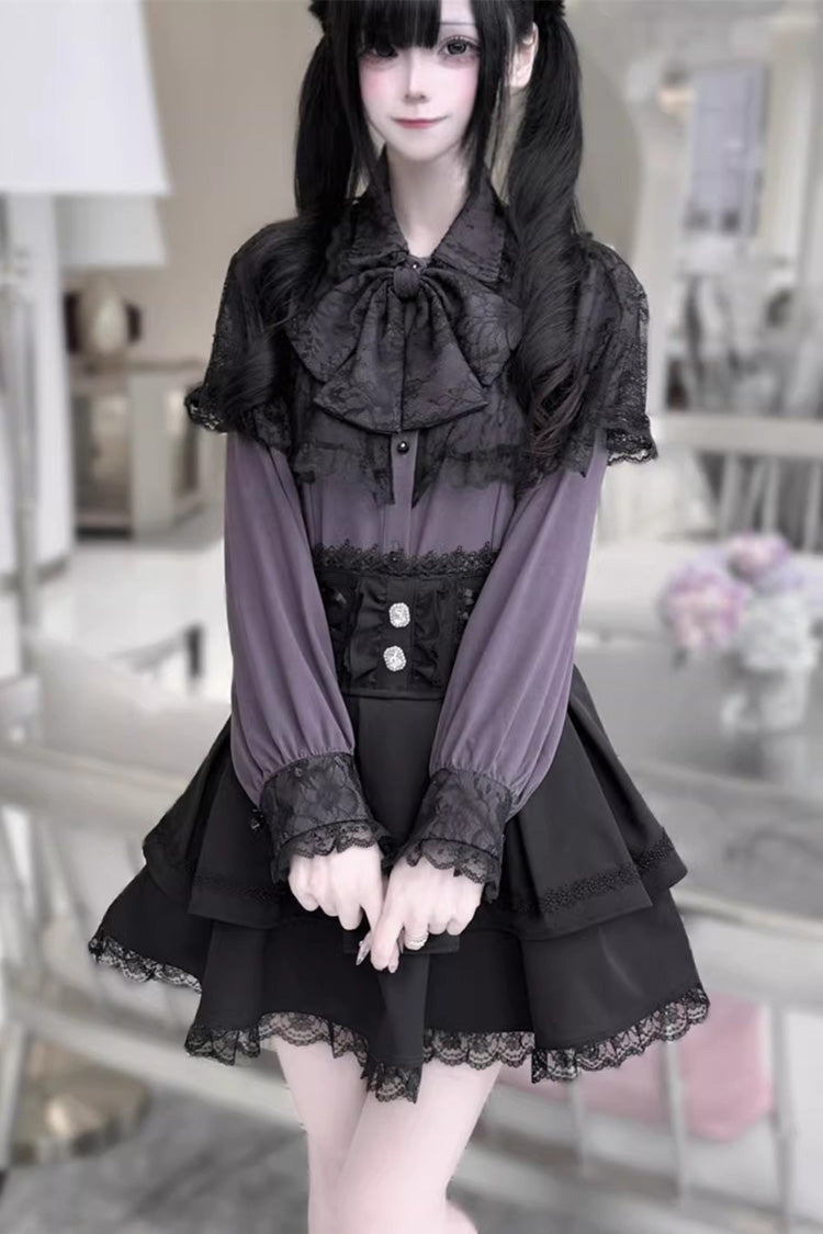 Long Sleeves Double-Layered Ruffled Embroidered Bow Lace-Up Gothic Jirai Kei Lolita Top Skirt Set
