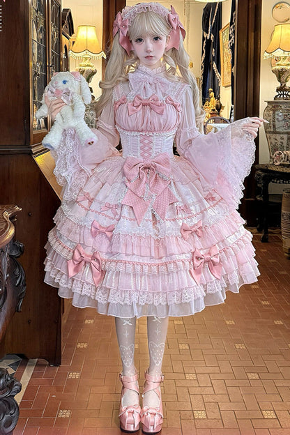 Pink Multi-Tier Ruffle Bow Lace Sweet Gorgeous Lolita Jumper - Little Lovetine