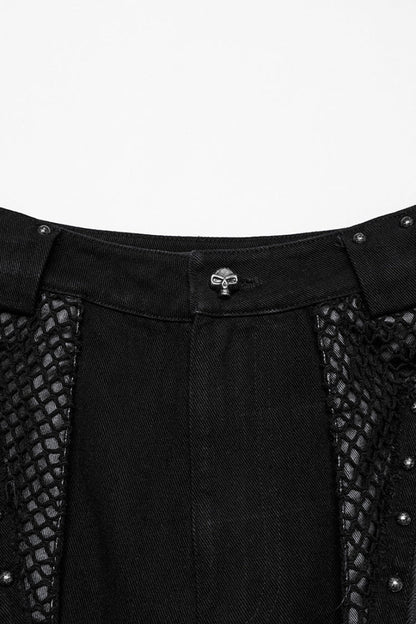 Detachable Punk Pants with Unfinished Edges and Mesh