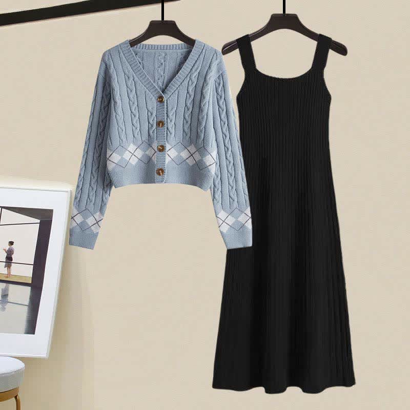 Sweater Slip Dress Rhombus Set Print Cardigan