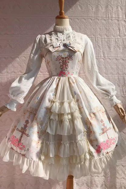 Peacock Cross Print Ruffle Cardigan Jsk Dress - Sweet Lolita