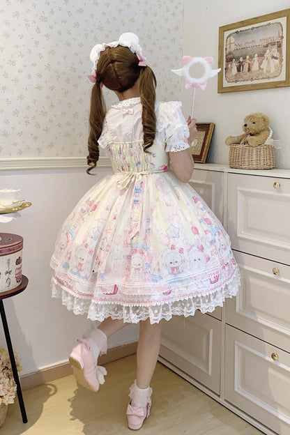 Golden Rabbit Print Ruffled Bow Lace Sweet JSK Attire