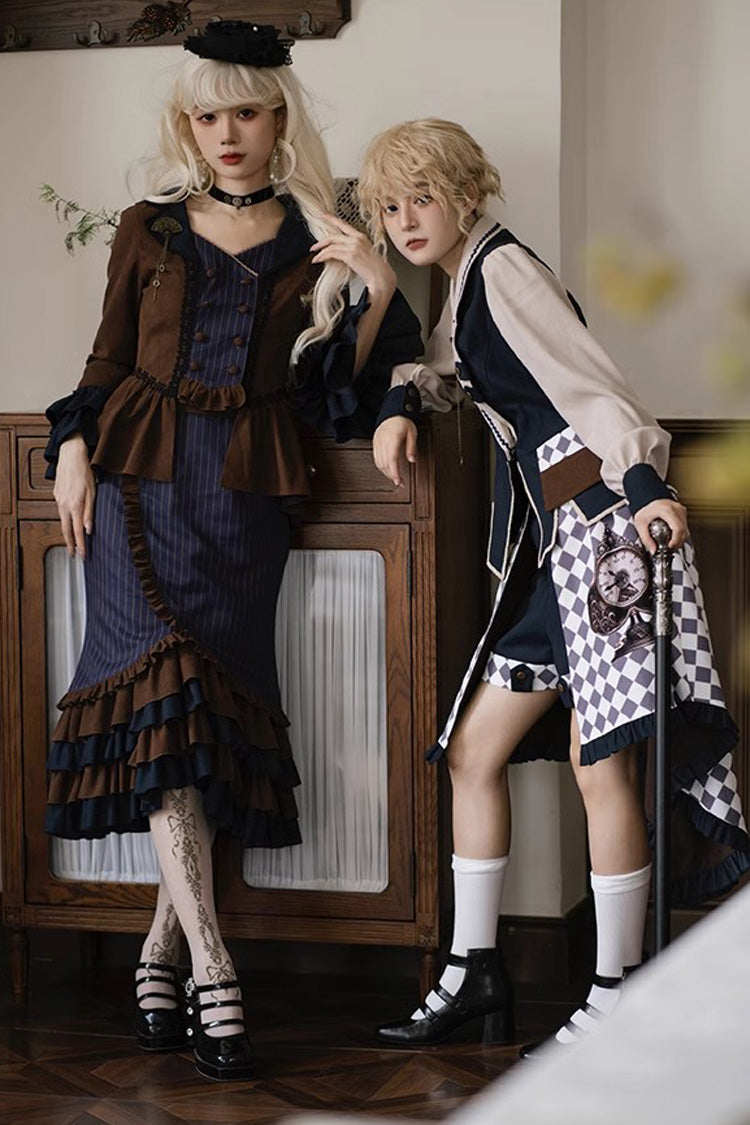 Blue Brown Time Traveler Long Sleeves Multi-Layer Print Ruffle Punk Mermaid Skirt Set