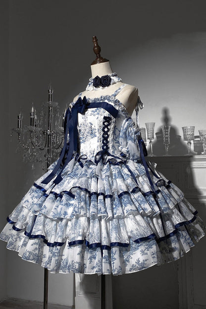 Blue White Sleeveless Multi-Layered Print Bowknot Fishbone Sweet Classic Chinese Style Lolita Jsk Long Dress