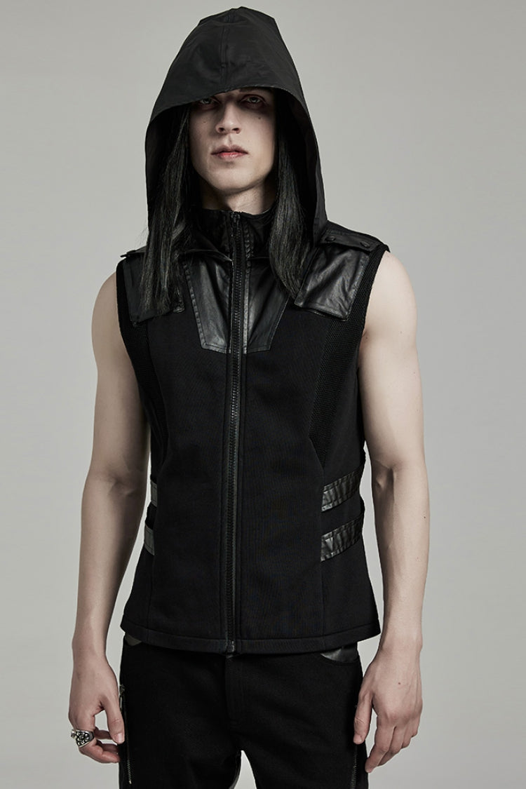 Men's Punk Hooded Vest with Black Stitching