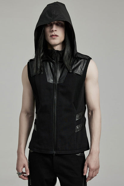 Men's Punk Hooded Vest with Black Stitching