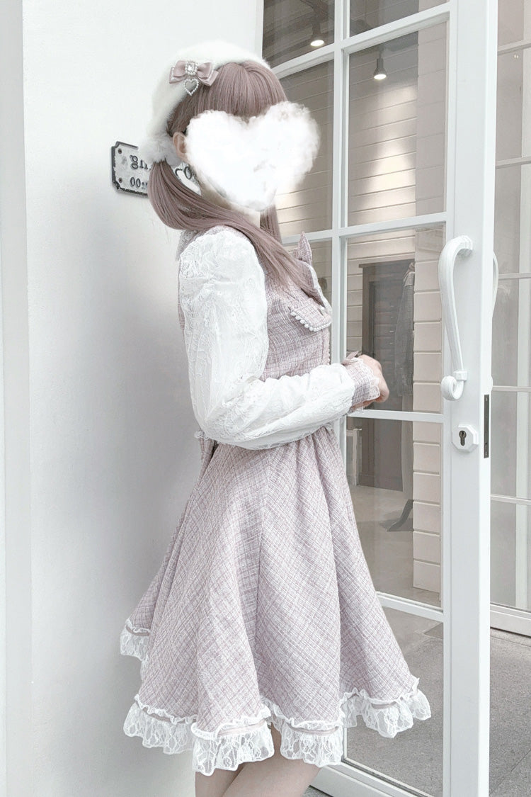 Grey Pink Bow Lace Pearl Sweet Dress