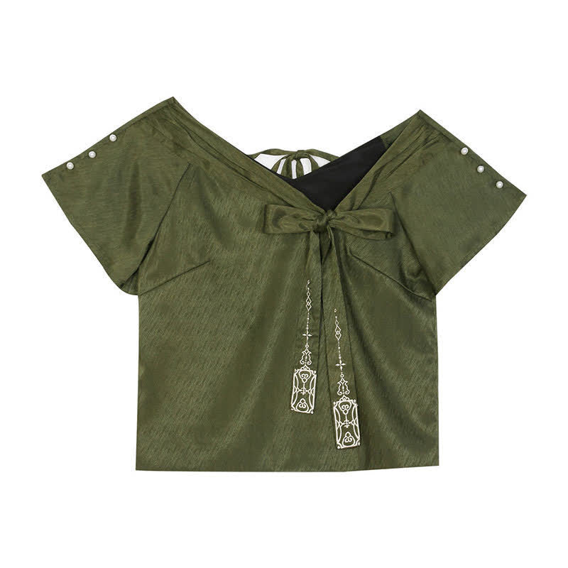 T-shirt élégant brodé de feuilles de saule, haut caraco et jupe