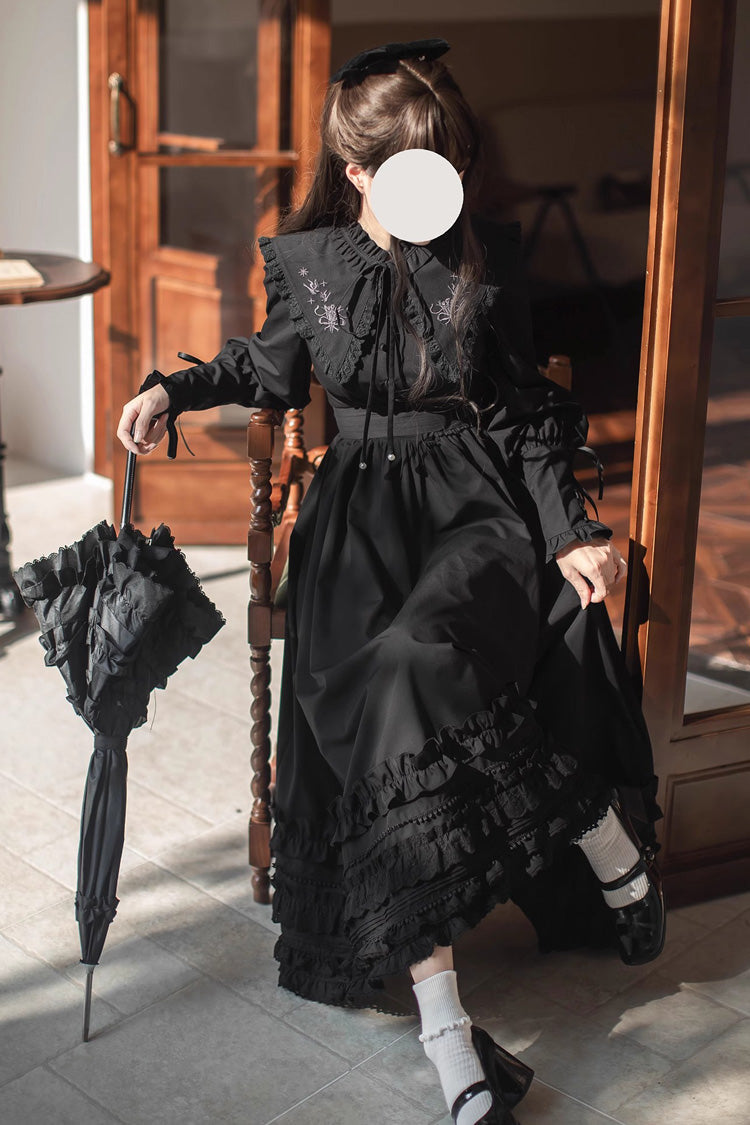 Long-Sleeved Gothic Vintage Elegant Dress with Ruffled Embroidery - Wind Kissed Tulips