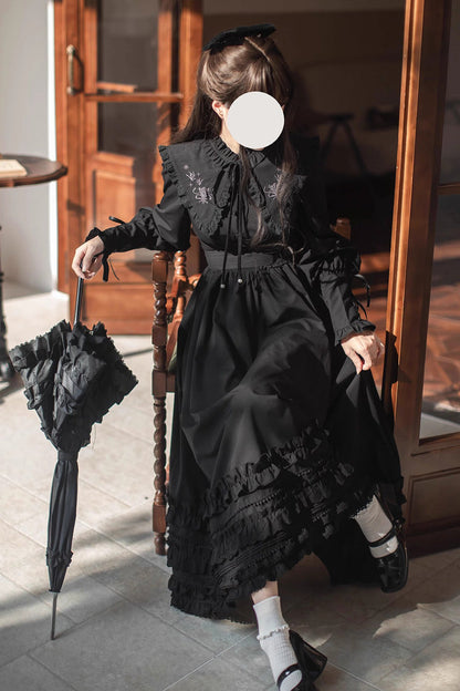 Long-Sleeved Gothic Vintage Elegant Dress with Ruffled Embroidery - Wind Kissed Tulips