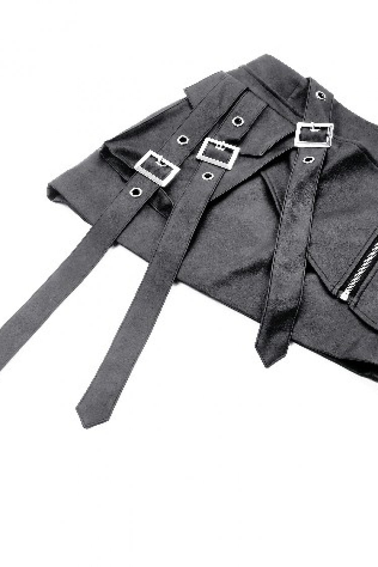 Punk Women's Short Skirt with Faux Leather Straps and Zippered Detail