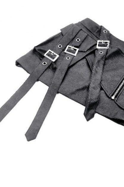 Punk Women's Short Skirt with Faux Leather Straps and Zippered Detail