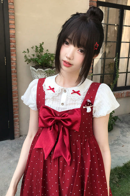 Red Little Mushroom Sleeveless Polka Dot Ruffle Bow Sweet Lolita JSK