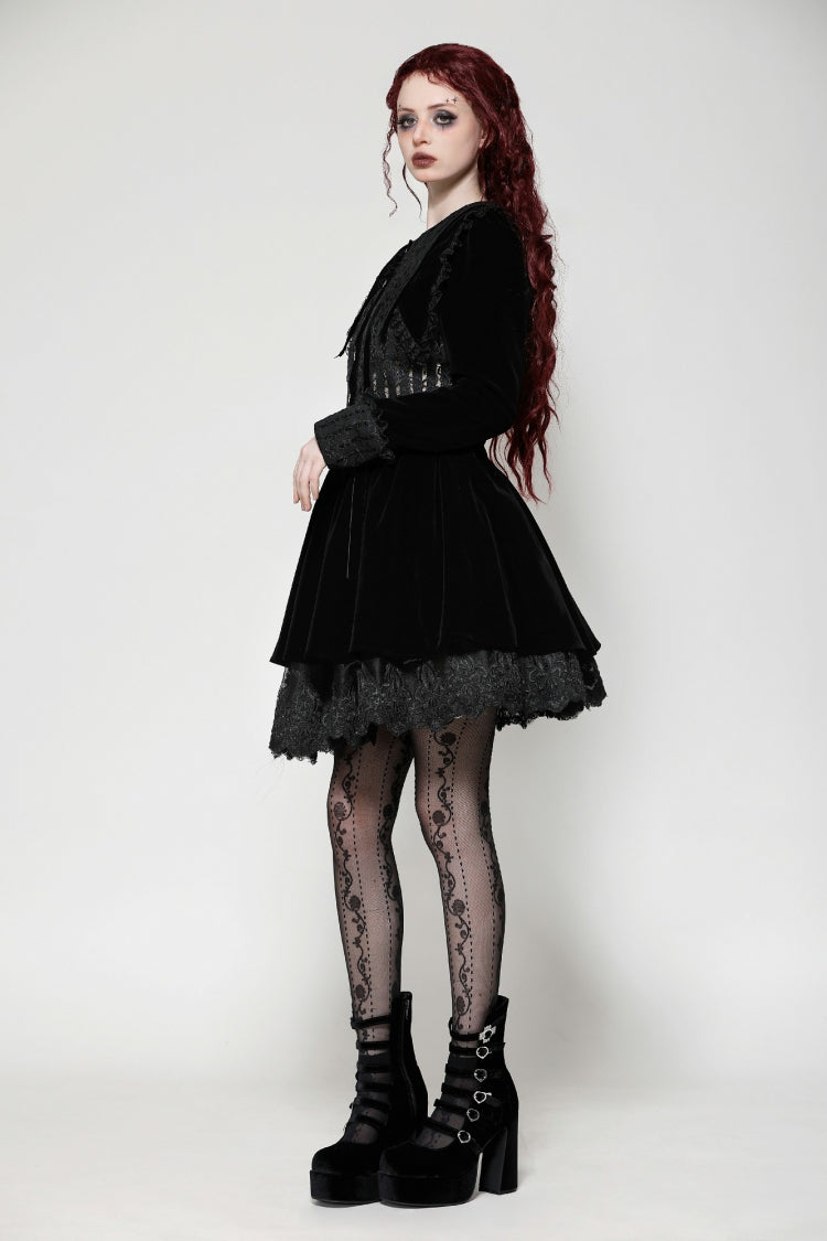 Obsidian Lace Velvet Mini Dress with Long Sleeves