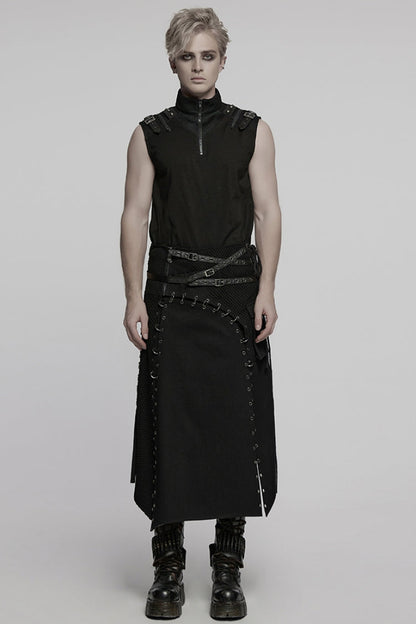 Gothic Men's Kilt with Faux Leather Stitching Lace-Up and Irregular Mesh
