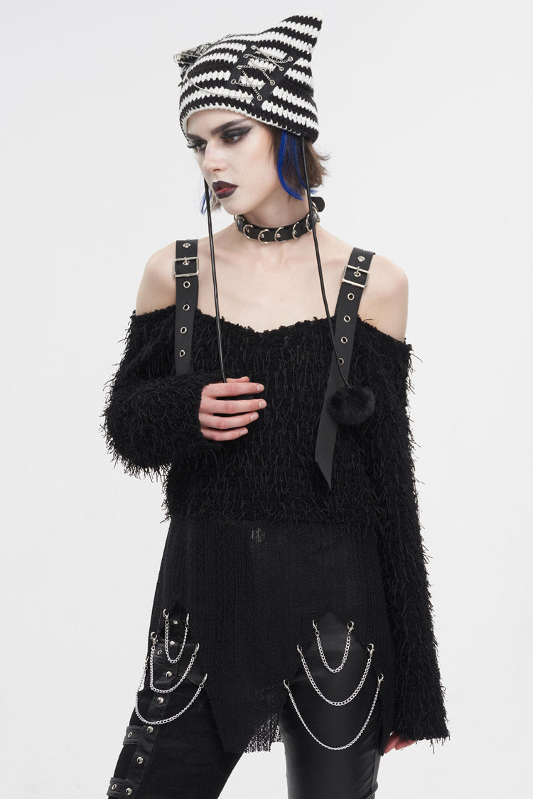 Off-Shoulder Fluffy Black Sweater Punk Women's Asymmetric Style