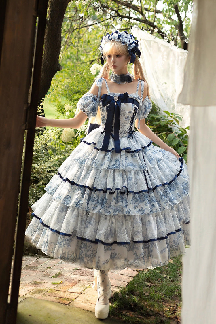 Blue White Sleeveless Multi-Layered Print Bowknot Fishbone Sweet Classic Chinese Style Lolita Jsk Long Dress