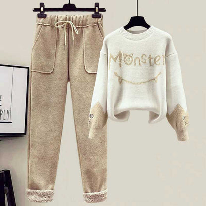 Letter Monster Set Sweater Pants Casual Vest Fleece