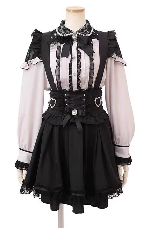 Black Ruffled Bow Lace-Up Pearl Gothic Skirt