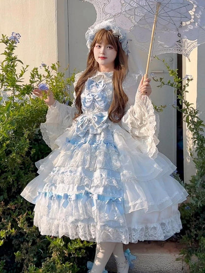 White and Blue Hanayome Bows Decoration Tiered Skirt Hime Dress Lolita JSK Full Set