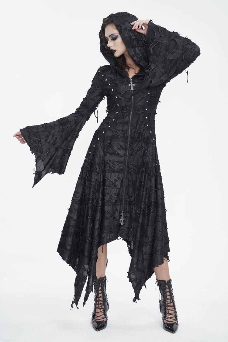 Irregular Hooded Goth Dress with Flared Sleeves