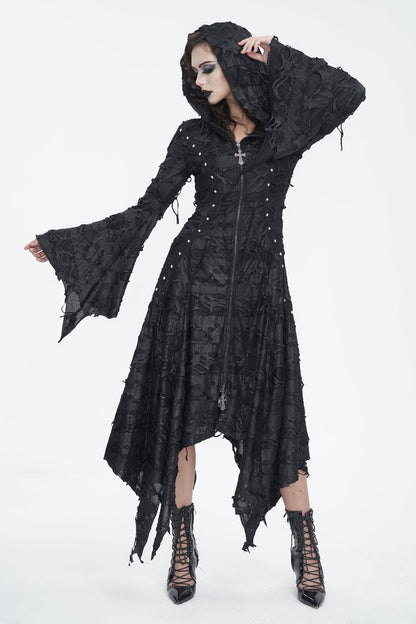 Irregular Hooded Goth Dress with Flared Sleeves
