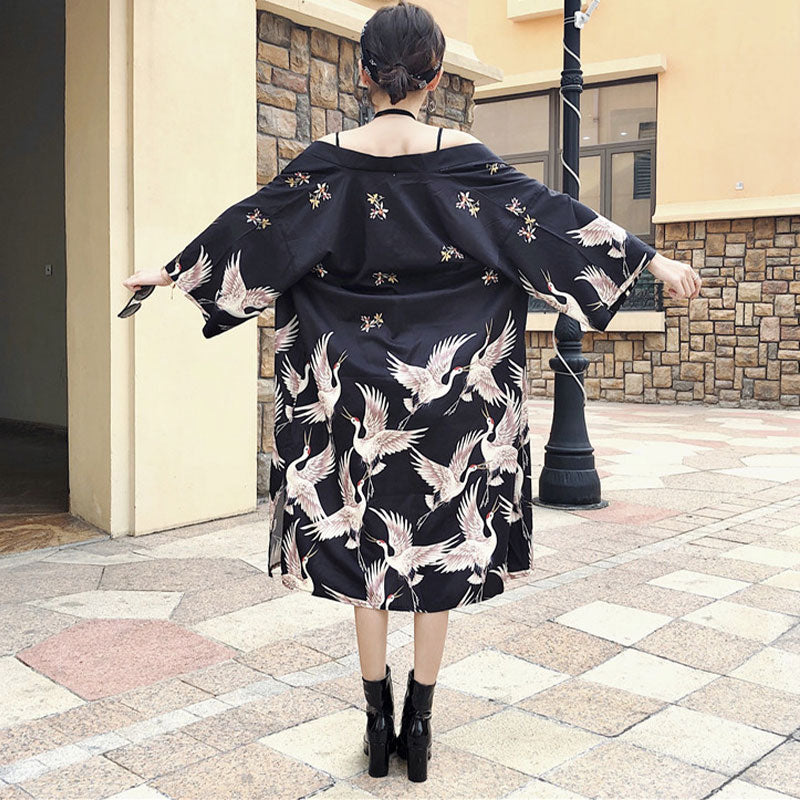 Kimono long cardigan vintage à grue noire