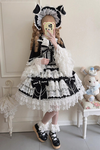 Knot of the Crossed Heart Sleeveless Multi-Layered Ruffle Hanayome Cardigan Bowknot Lace Lace-Up Sweet Lolita Jsk Dress