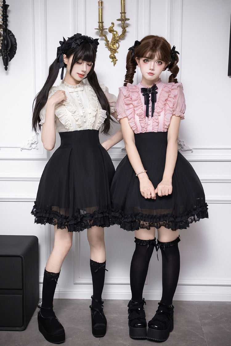 Puff-Sleeve Color-Blocked Faux Two-Piece Sweet Dress