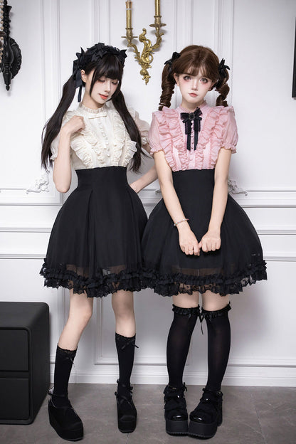 Puff-Sleeve Color-Blocked Faux Two-Piece Sweet Dress